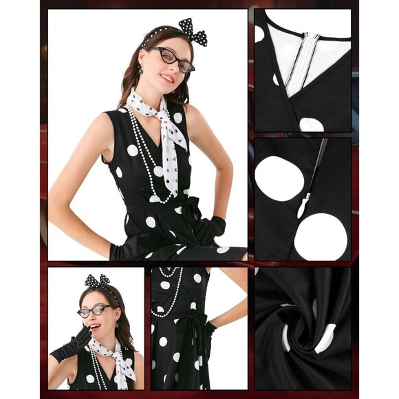 Women's 1950s Polka Dot Dress Vintage Sleeveless Outfit Accessories - Picture 3 of 7
